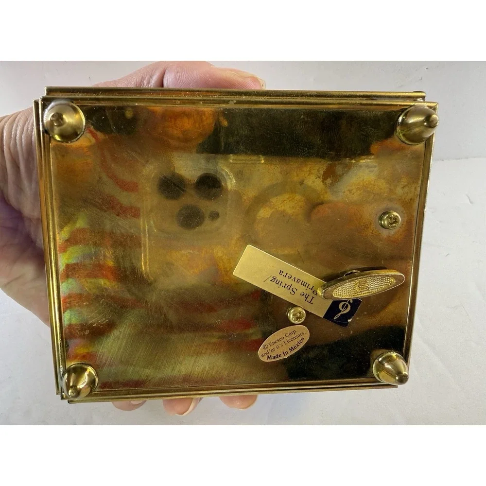 Vintage Enesco Brass & Cobalt Blue Glass Music Box The Spring/Primavera Mexico